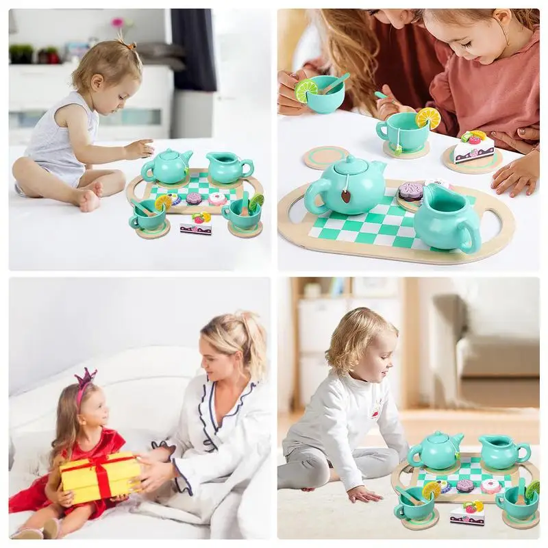 Juego de té para niños, juego de té de juguete, juego de rol, juego de cocina con tazas y cucharas, juguetes educativos, juego de té de madera