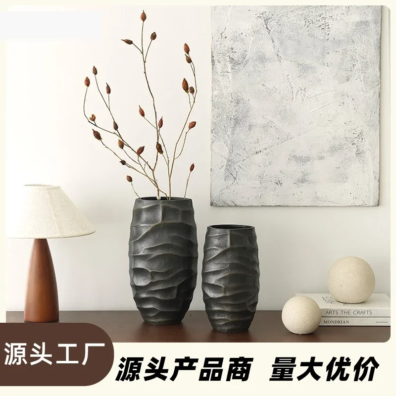 Black wave ribbed vase flower ware, living room study home decoration ornament, handicraft decoration