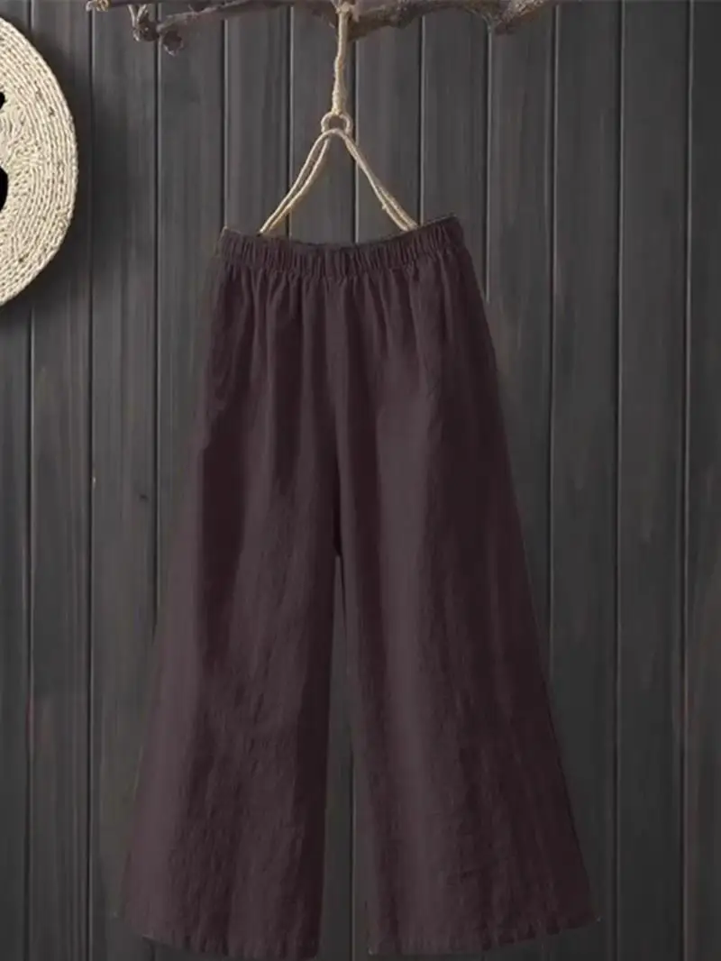 กางเกงขายาวผ้าคอตตอนผสมทรงขากว้างสำหรับผู้หญิง สปริง/ซัมเมอร์ เนื้อผ้าบางเบา สไตล์ลำลอง เหมาะสำหรับวัยกลางคน ใส่ทำงาน แฟชั่น เอวสูง ความยาวเจ็ดส่วน