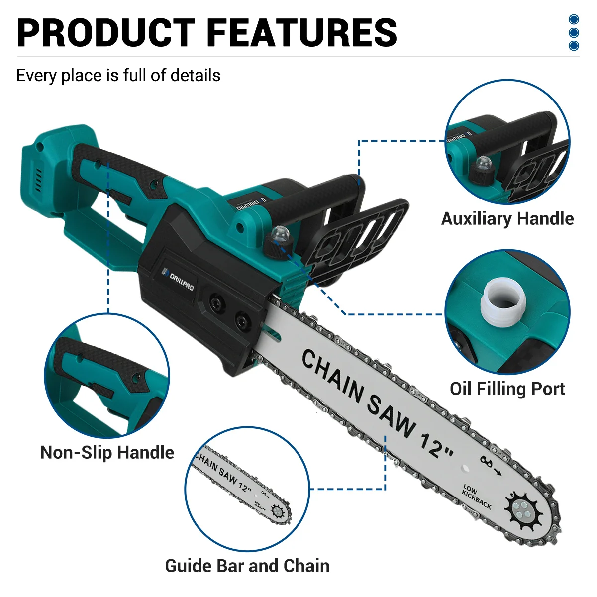 Drillpro-ブラシレス電気のこぎり,自動オイラー,庭の剪定用チェーンソー,木工ツール,マキタ18Vバッテリー,12インチ