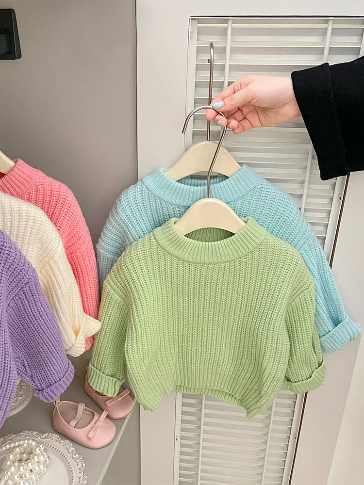 2025 Winter New Baby Long Sleeve Sweater Fashion Boys Girls Knitted Tops Solid Infant Thick Warm Clothes Toddler Casual Pullover