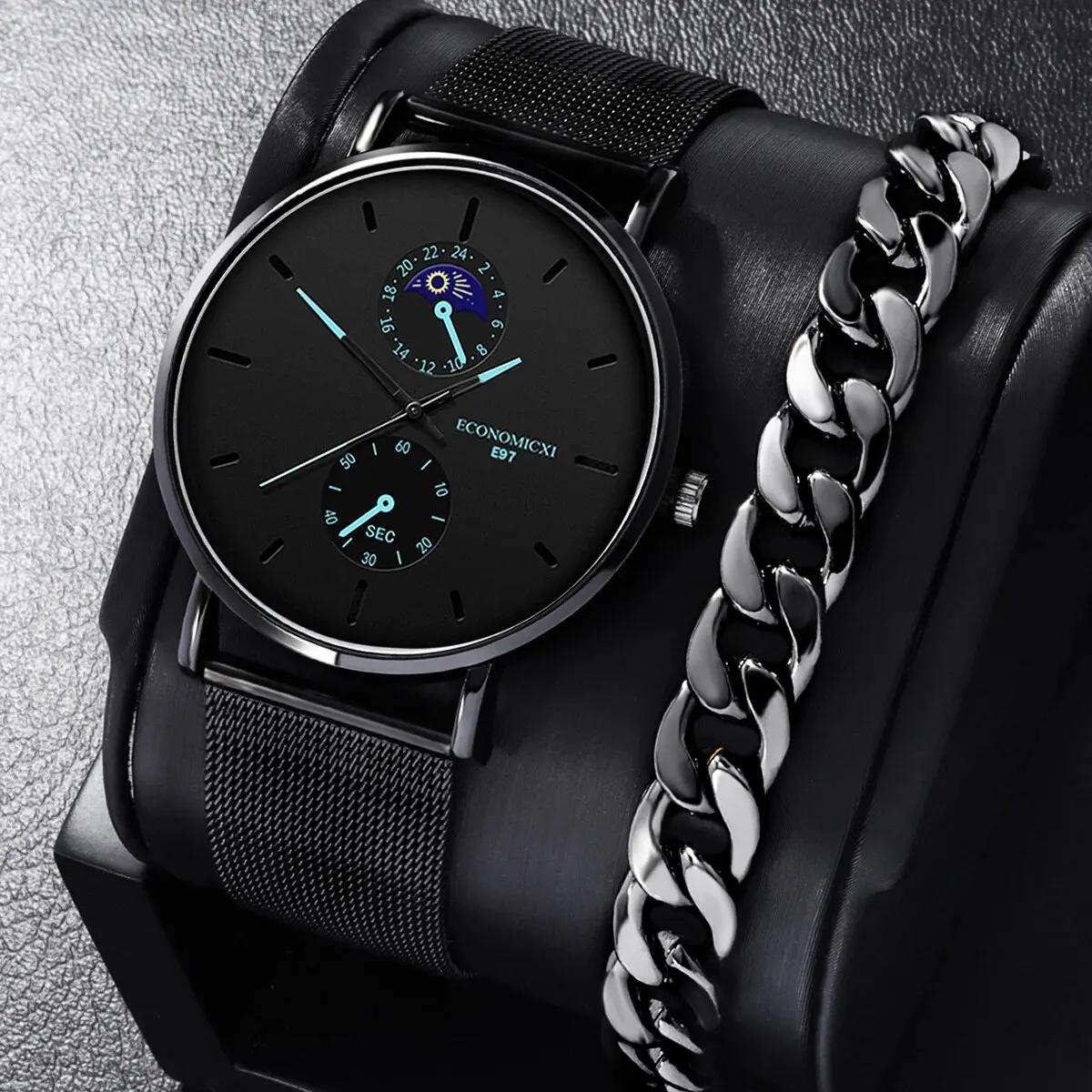 2Pcs Men's Simple Business Rest Three Eyes Designer Digital Quartz Mesh Watch Fashion Trend Bracelet Set