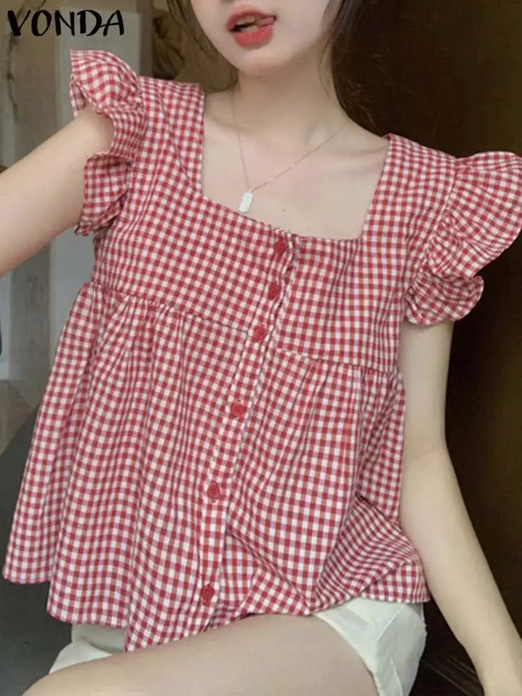 VONDA Elegant Women Plaid Blouses Summer Shirts Sexy Square Collar Short Sleeve Ruffled Tunic Tops 2024 Casual Loose Blusas