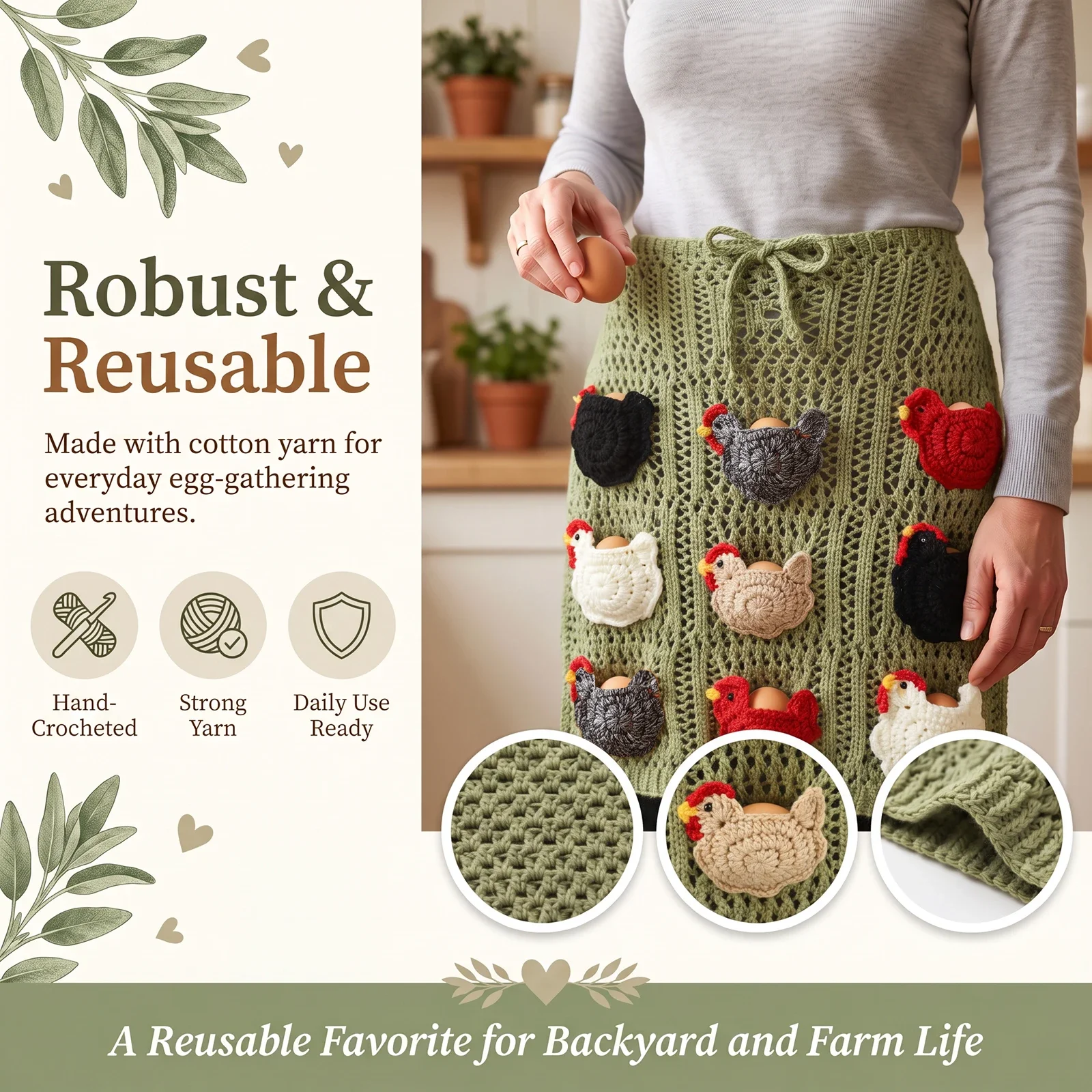 9/12 Pocket Crochet Egg Gathering Apron Handmade Egg Collecting Waist Apron with Adjustable Ties Cute Farm Apron for Gardening