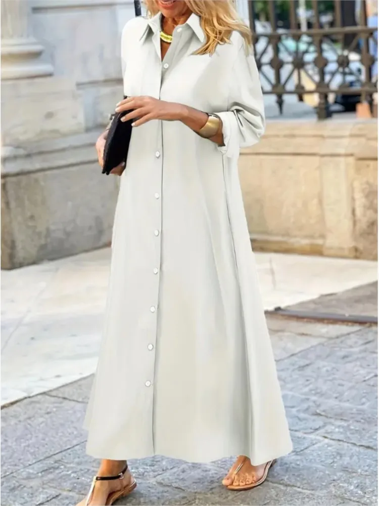 Mooie herfst nieuwe dames shirtjurk persoonlijkheid effen kleur losse grote casual temperament woon-werkverkeer onregelmatige lange rok