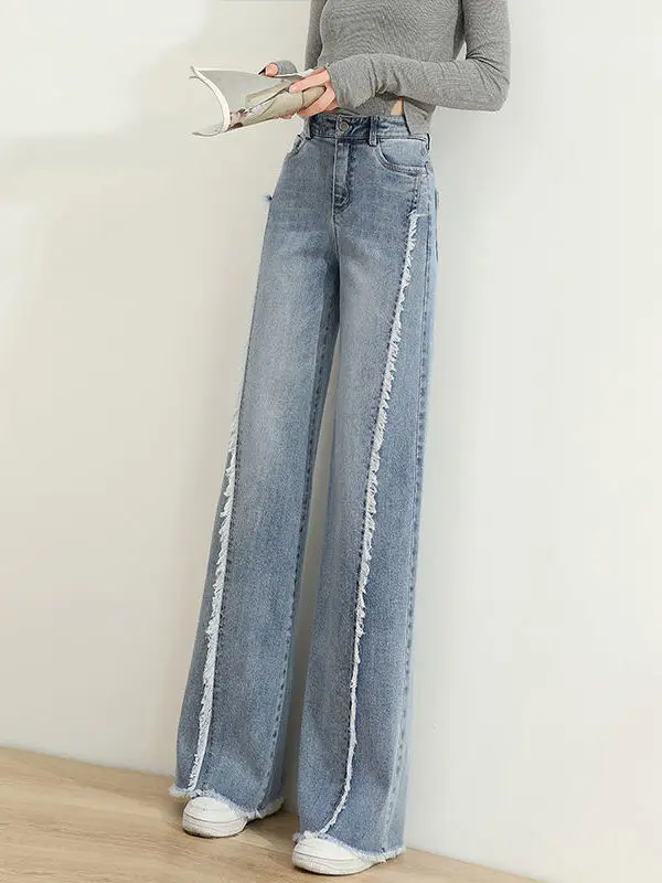 Jean taille haute à jambes larges pour femme, pantalon en Denim décontracté, coupe ample, ourlet effiloché, longueur au sol, nouvelle collection printemps automne