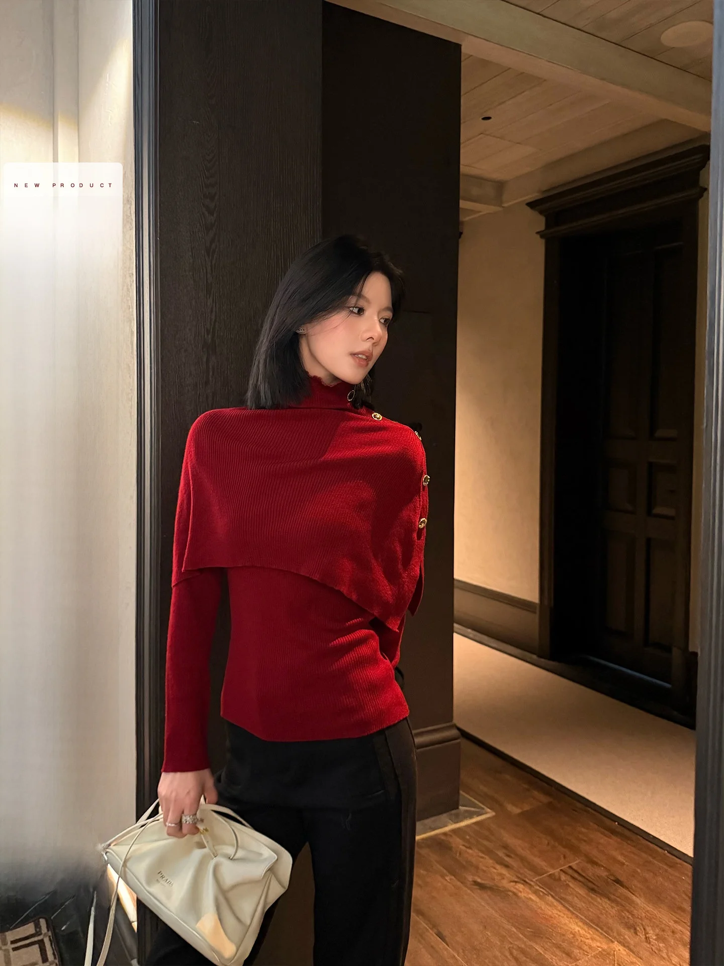 

Вязаный свитер Ele винного цвета с уникальным дизайном, имитация двухслойности, металлические пуговицы, женская модная повседневная одежда для весны