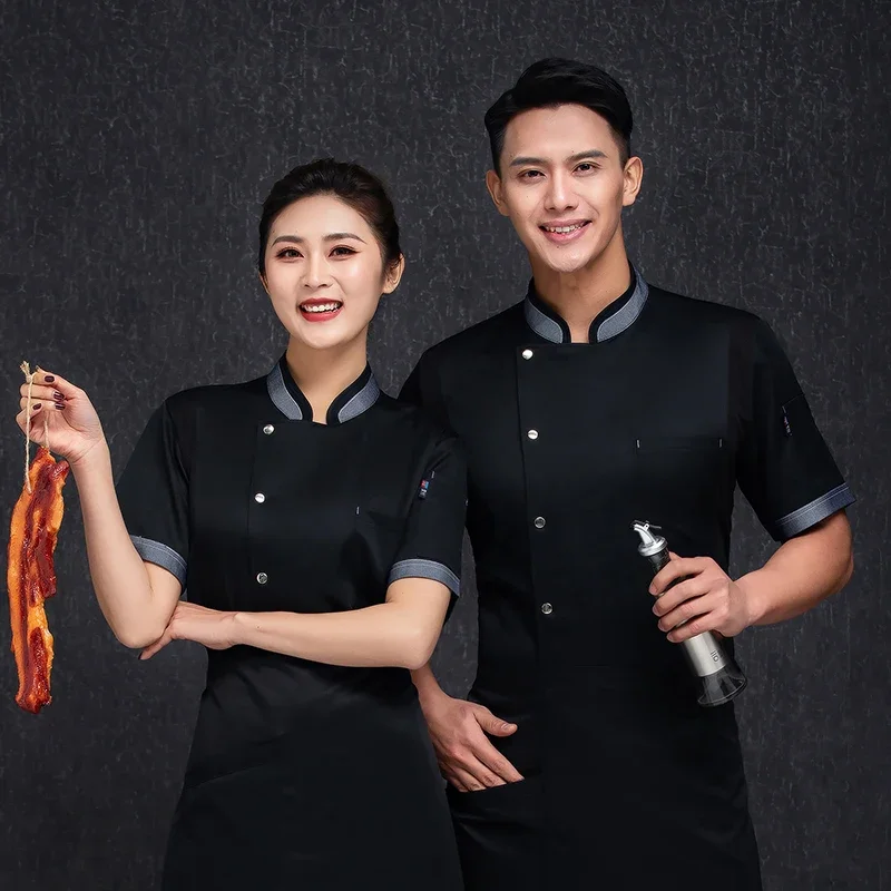 Summer Chef Jacket Short Sleeve Kitchen Clothes Gray Restaurant Uniform Women and Men Catering White Cook Coat Bakery Overall