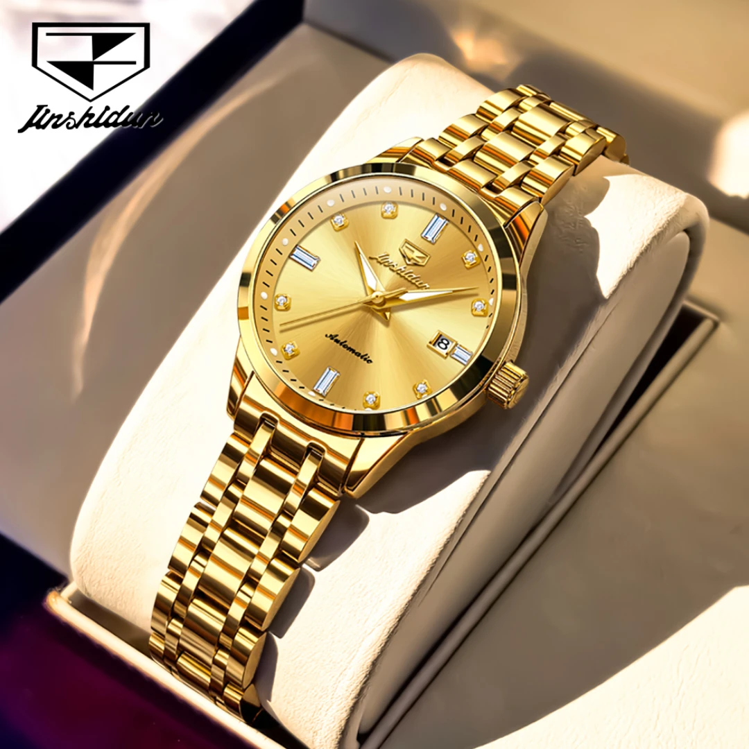 JSDUN 8841 Reloj mecánico de moda regalo esfera redonda correa de reloj de pulsera de acero inoxidable calendario