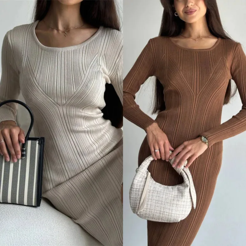 

Chic Geometric Pattern Crochet Waist Bag Hip Long Skirt Autumn Round Neck Knitted Dress Fashion Women's Slim Fit Jumpsuit Skirt
