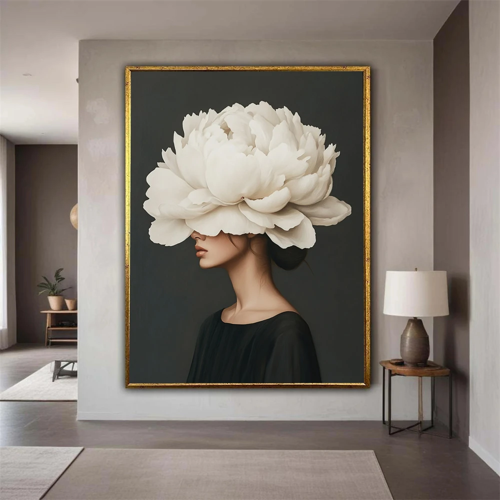 Woman with White Peony Flower Canvas Print Elegant Floral Headpiece Art Poster Modern Oil Painting Style Portrait Home Decor