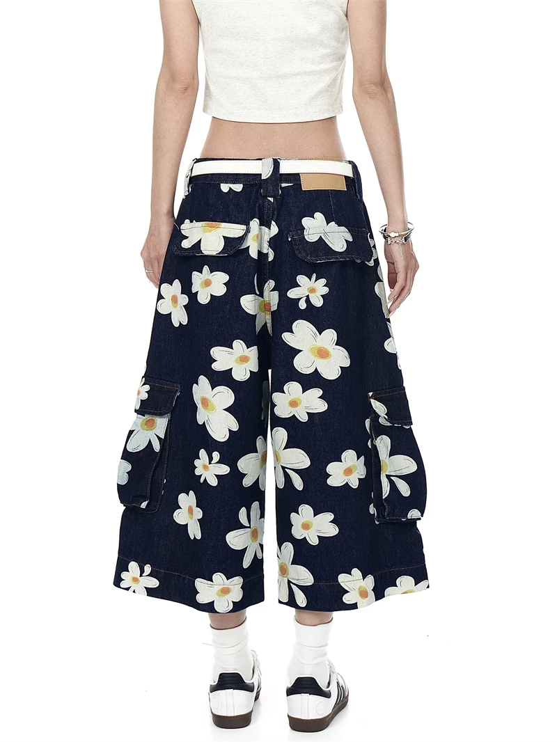 American Style Floral Print Splicing Scimitar Pants for Women Summer New Super Hot Loose Slimming Cropped Retro Jeans SL205