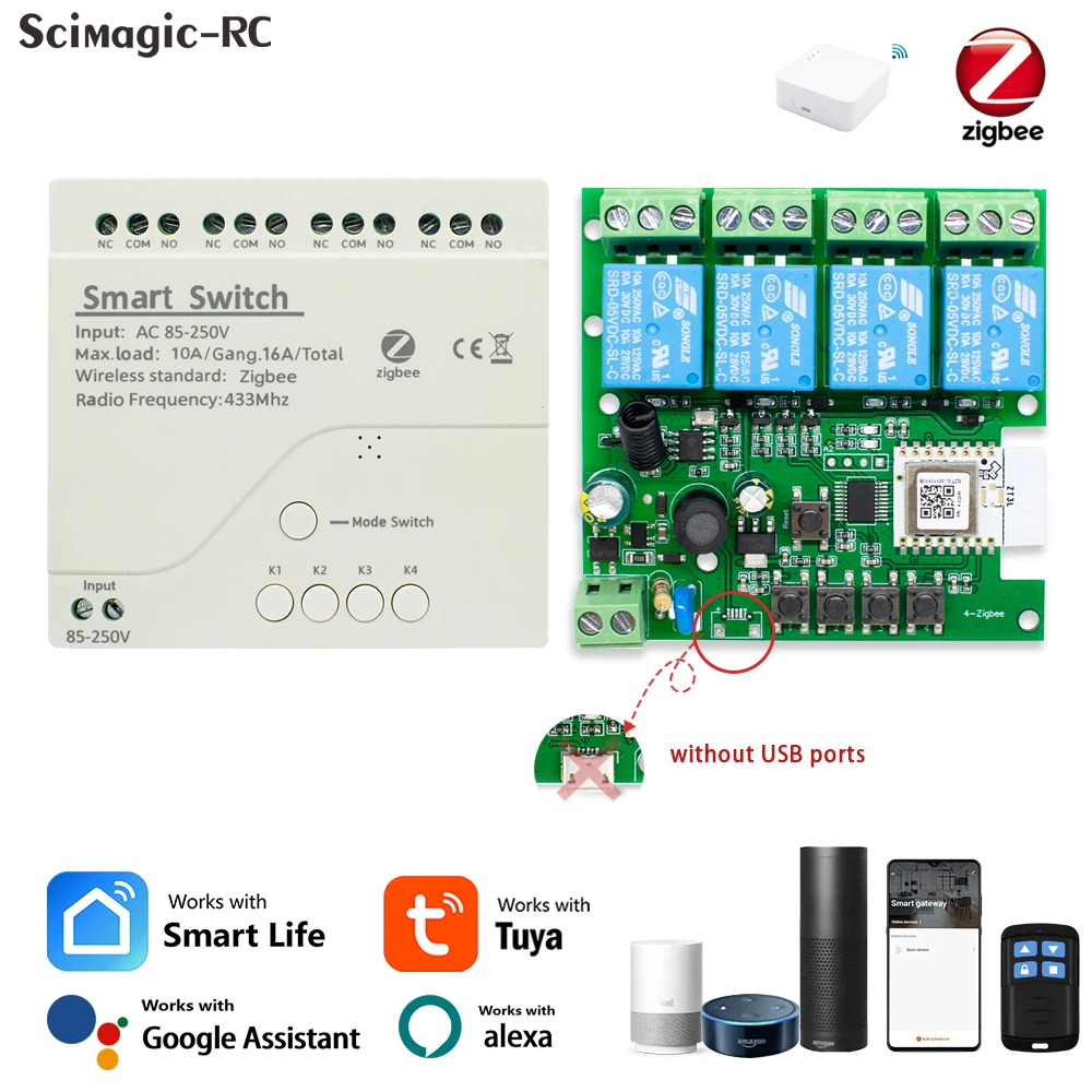 Zigbee 3.0 Gateway 4CH RF Smart Switch 12V 24V 110V 220V WIFI Remote Control Light Switch 10A Relay Self-locking