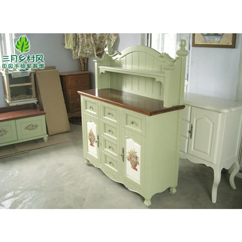 American pastoral Mediterranean British hand-painted rural green dining side cabinet solid wood cabinet wine cabinet March rural