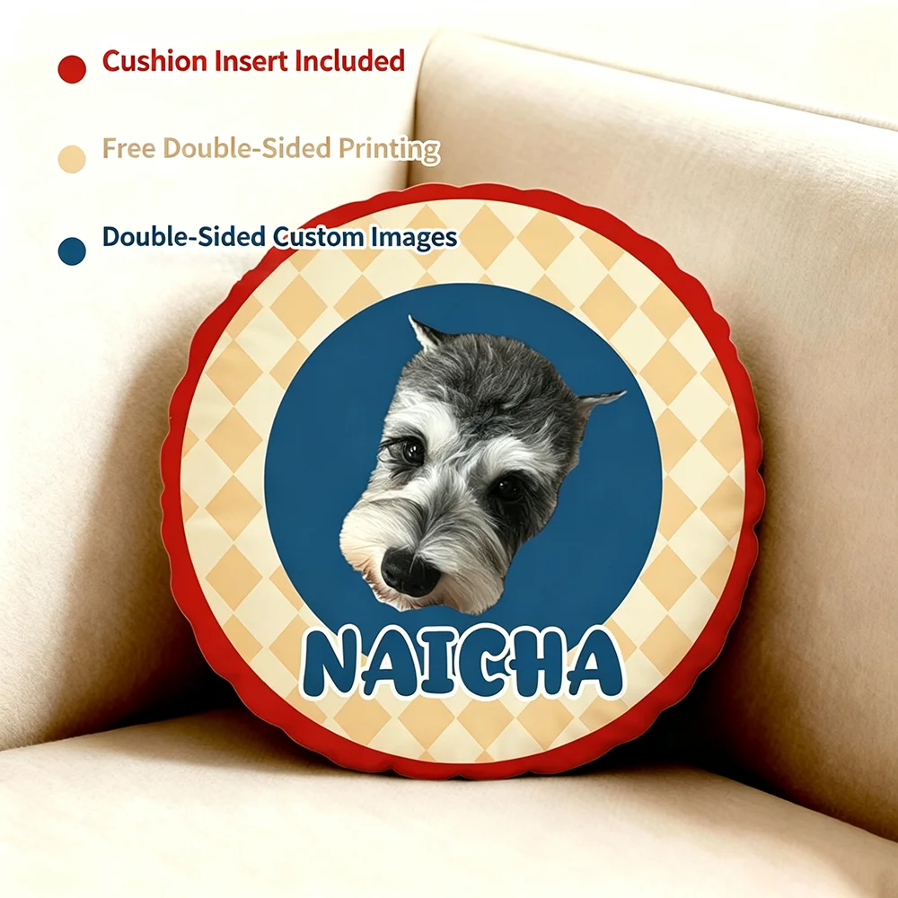 Custom Round pillow Insert Included- Customize pet Photo ,Name, Soft Plush Cushion for Personalized Gift Double-Sided Printing