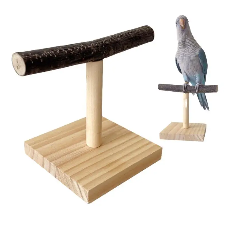 Wooden Parrot Perch T Stand Bird Training Paw Grinding Toys Pet Cockatiel Cage Nest Play Platform
