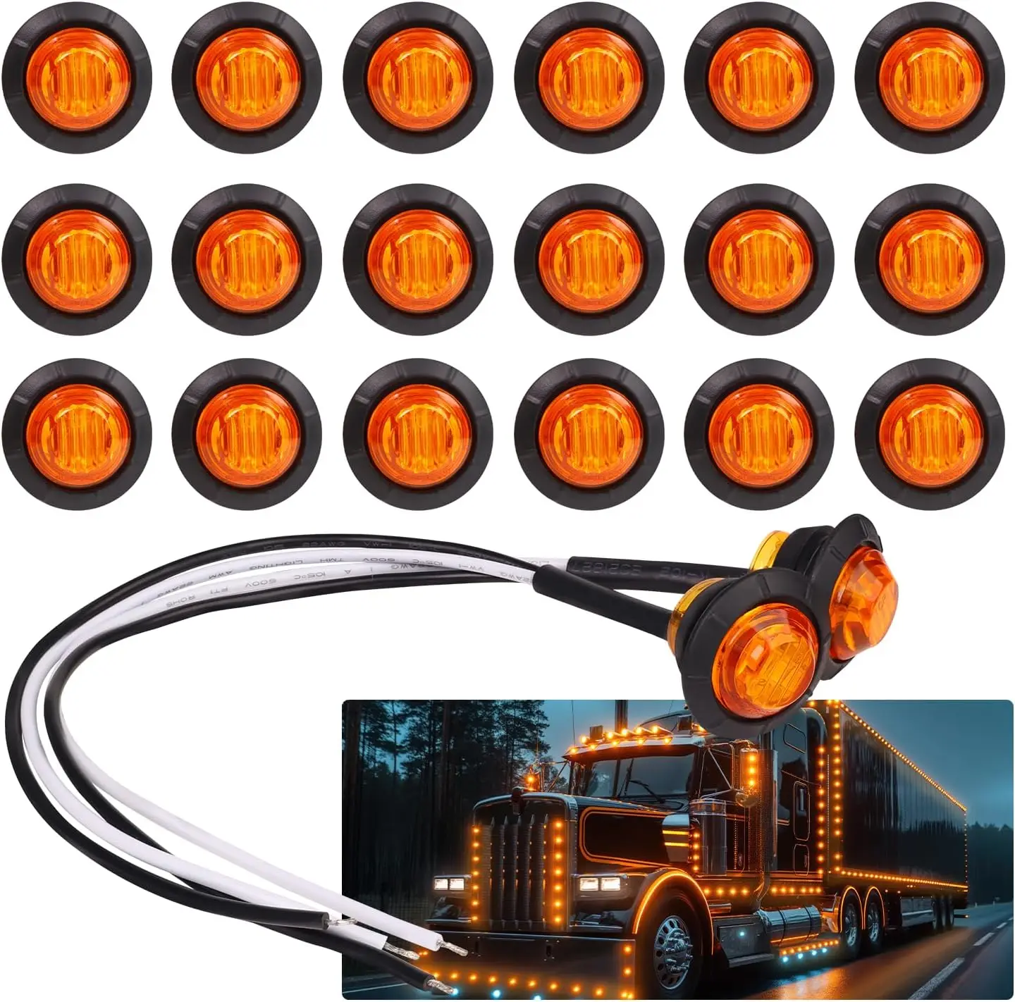 

Pack of 20 Amber LED Clearance Marker Lights for Truck, Trailer, RV, Car, Bus, Van - Waterproof & Durable