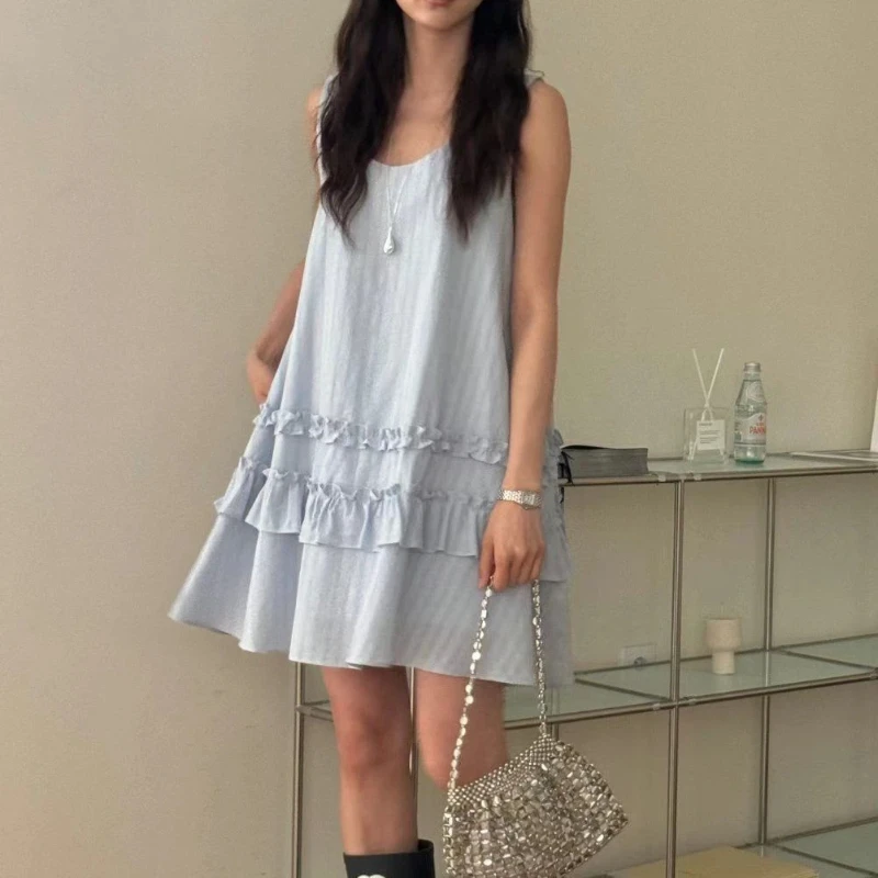 

Women's Korean Gentle Style Sleeveless Vest Dress Cream White Texture Double Layer Ruffle Babydoll Dress Jacquard Ruffle A-Line