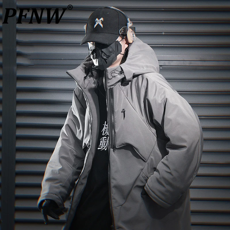 Pfnw indústria pesada 2024 inverno novo preto oversized com capuz jaqueta de algodão masculino solto casual techwear algodão-acolchoado casaco