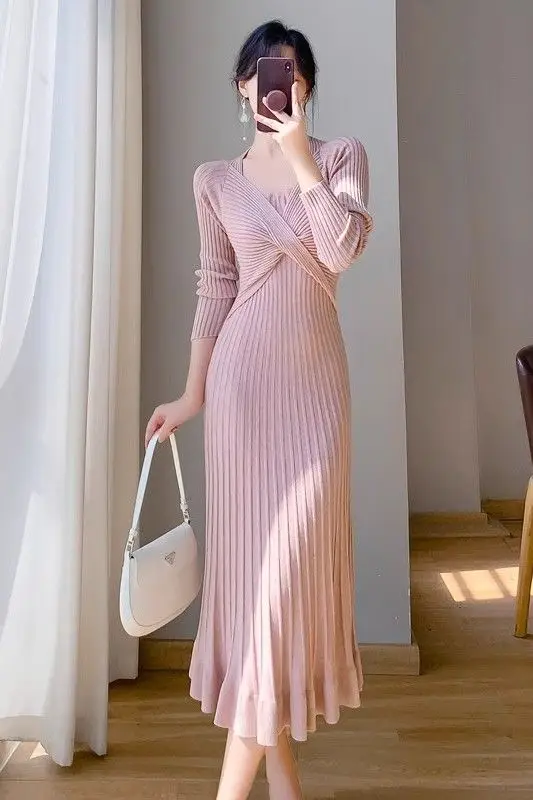 

Autumn Winter Women's Knitting Dress O Neck Elegant Slim Wrap and Tie Pleated Dress Medium Long Bottomed Sweater Skirt CQ263