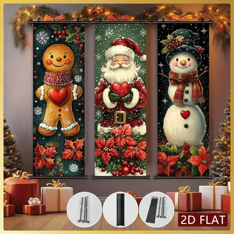 VIKAMA Christmas Scroll Tapestry, Santa Gingerbread Man Snowman Wall Hanging, Festive Holiday Party Background Decoration
