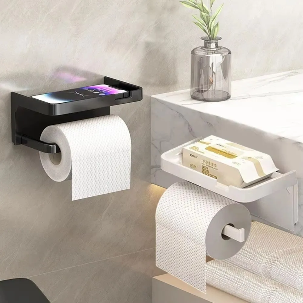 Plastic Toilet Paper Holder Wall Mounted No Drilling Tissue Holder With Shelf Toilet Paper Storage Box Bathroom Use