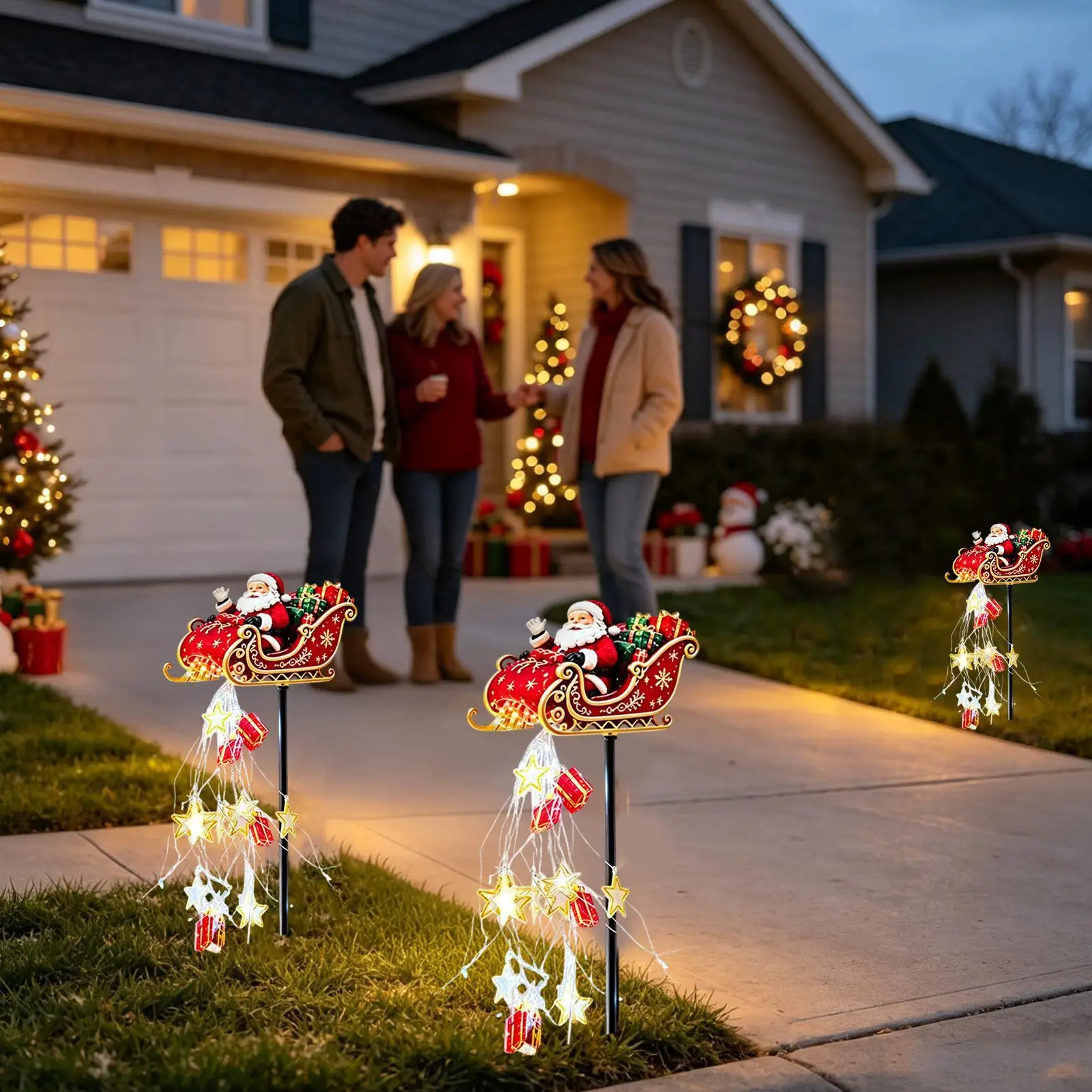 2026 Christmas Santa Claus Flying Sleigh Waterfall Lights Battery Powered Warm White LED Holiday Decorations for Festive Display