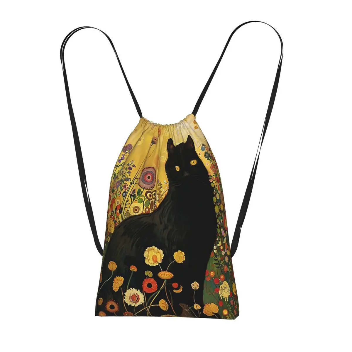 Black Cat With Flowers On Yellow Background Backpacks Multi-function Drawstring Bags Storage Bag Book Bags for Travel School