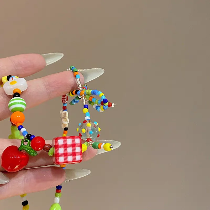 Cute Harajuku Cartoon Fruit Bow Colorful Beads Choker Necklace Egirl Goth Vintage 2000s Y2K EMO Jewelry Aesthetic Accessories