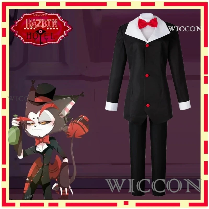 Husk Cosplay Kostüm Uniform Cosplay Hotel Husk Cosplay Kostüm Männlich Schwarze Jacke Hose Halloween Party Outfits Fliege