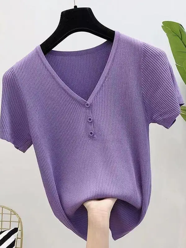 

Slim Fit Color Short Sleeve V-Neck T-Shirt Women's Fashionable Korean Style Base Shirt Knitted Top New Arrival