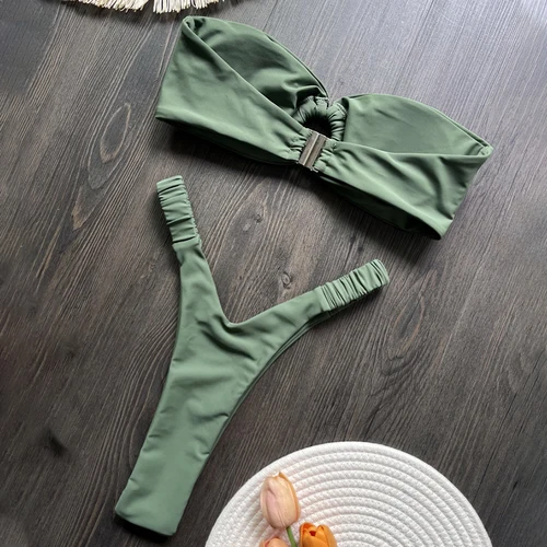 Imagen 2 del producto Para Praia-Bikini con Tanga verde liso Para mujer, traje de baño Sexy de banda, traje de baño brasileño, Bikini tipo Tanga, traje de baño Bandage 2025