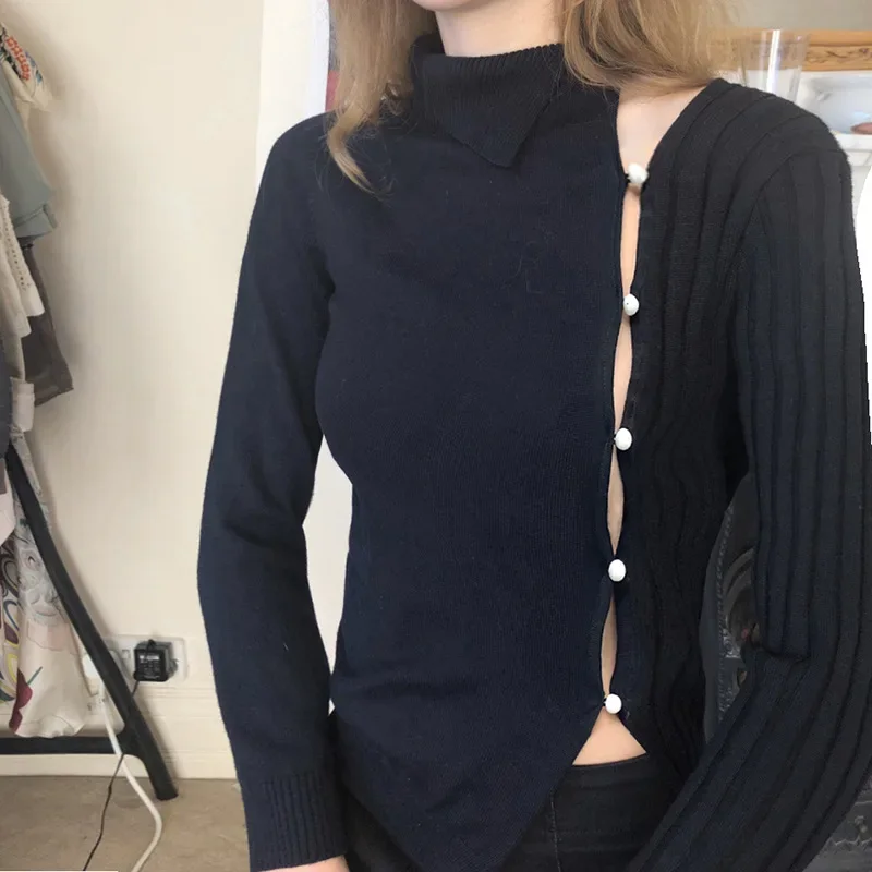 

Solid Color Buttoned Diagonal Split Long Sleeve Top Knitwear Fashion Casual Clothes 2024 Front Lapel Sexy Hollow Slim T-shirt