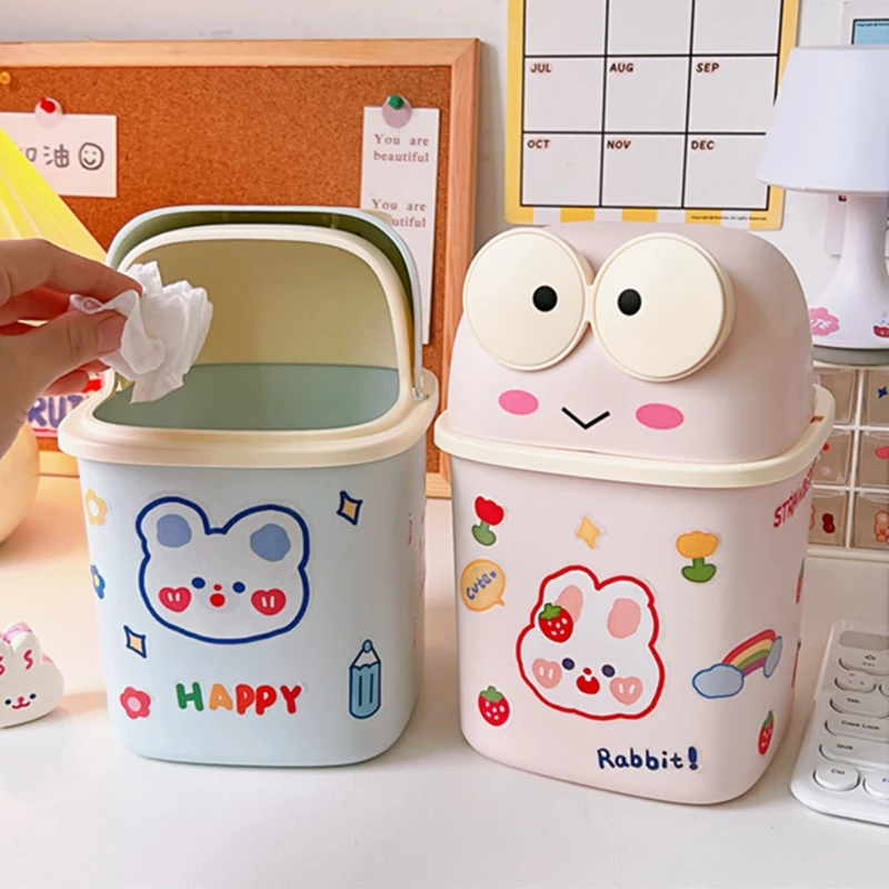 Cartoon Frog Desktop Mini Trash Can Bin Tube Bedroom Waste and Home Cleaning Garbage Can Storage Box with Cover Kawaii Stickers