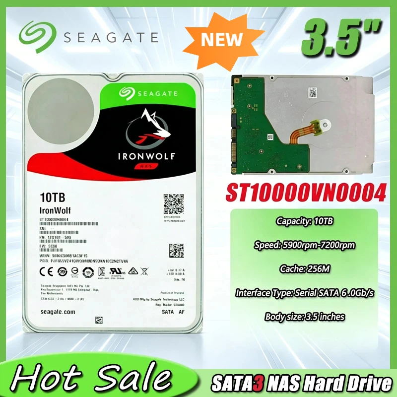 Disco Duro Interno Seagate IronWolf de 10 TB, 7200 RPM, 3.5 Pulgadas (ST10000VN0004) NAS, Nuevo