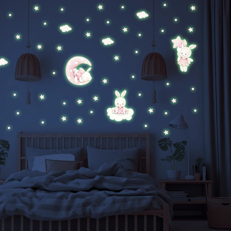 Pink Theme Rabbit Luminous Wall Stickers for Girls Bedrooms Glow In The Dark White Clouds Stars Shine Decal Baby Room Decoration