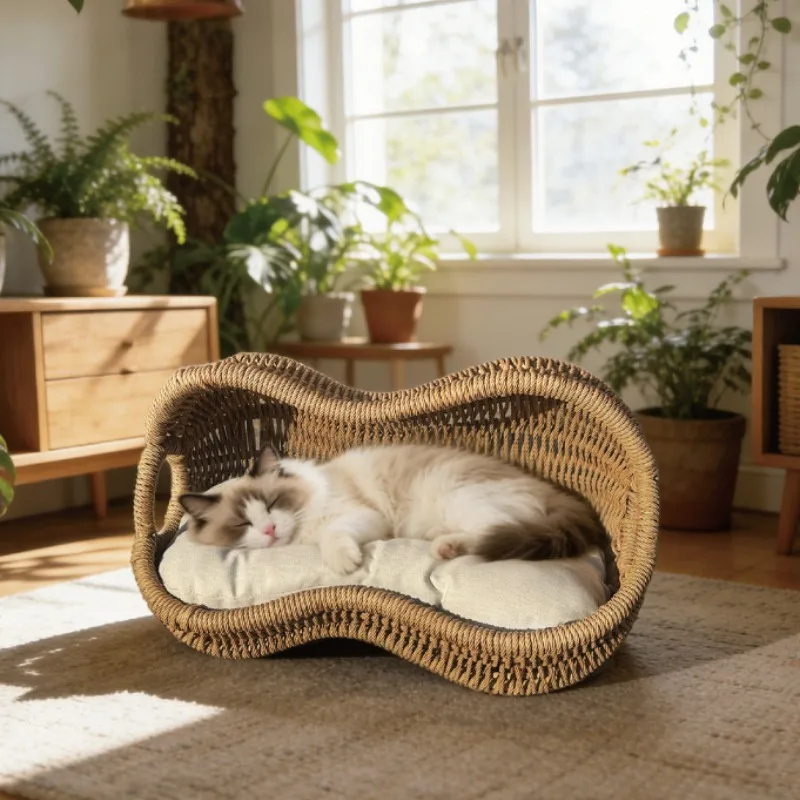 Peanut Shaped Handwoven Rattan Cat Bed with Washable Cushion Sturdy Anti‑rust Frame Breathable Sleeping Cats Beds Home Decor