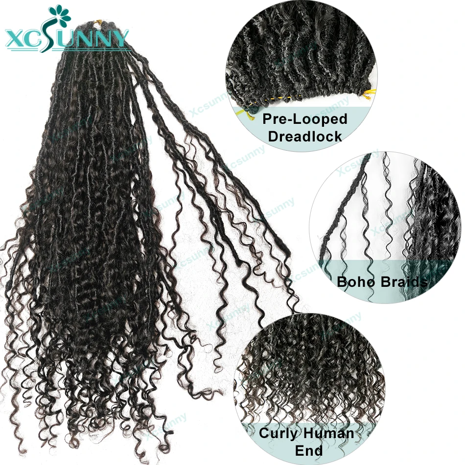 Pré Looped Crochet Boho Locs com Cachos para Mulheres Negras, Ends Curly, Dreadlocks, extensões de cabelo humano