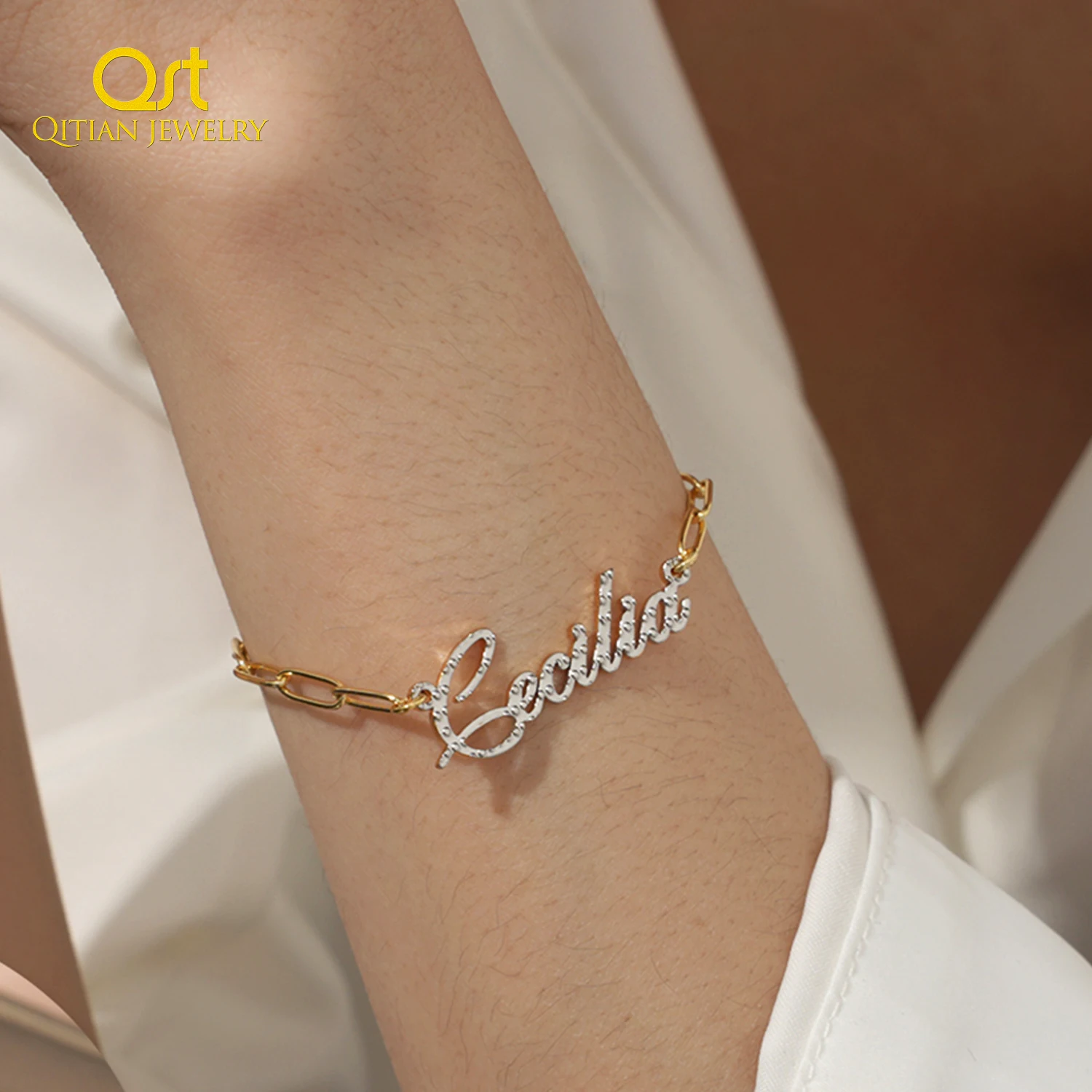 Qitian Custom Nameplate Bracelet For Women Minimalist Name Bracelets With Paper Clip Chain Personalized Stainless steel Jewelry