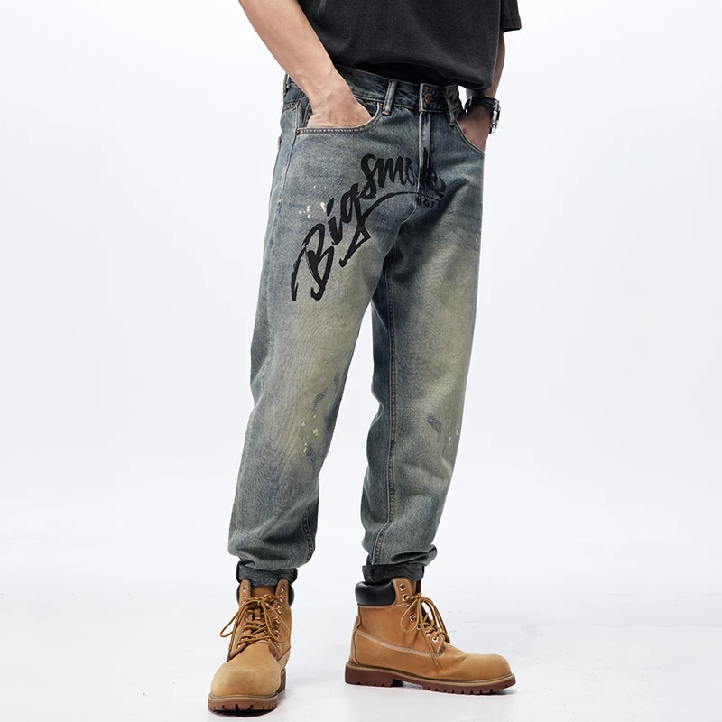 Vintage heavy personalized letter print washed men's jeans loose small straight American high street pants men's models