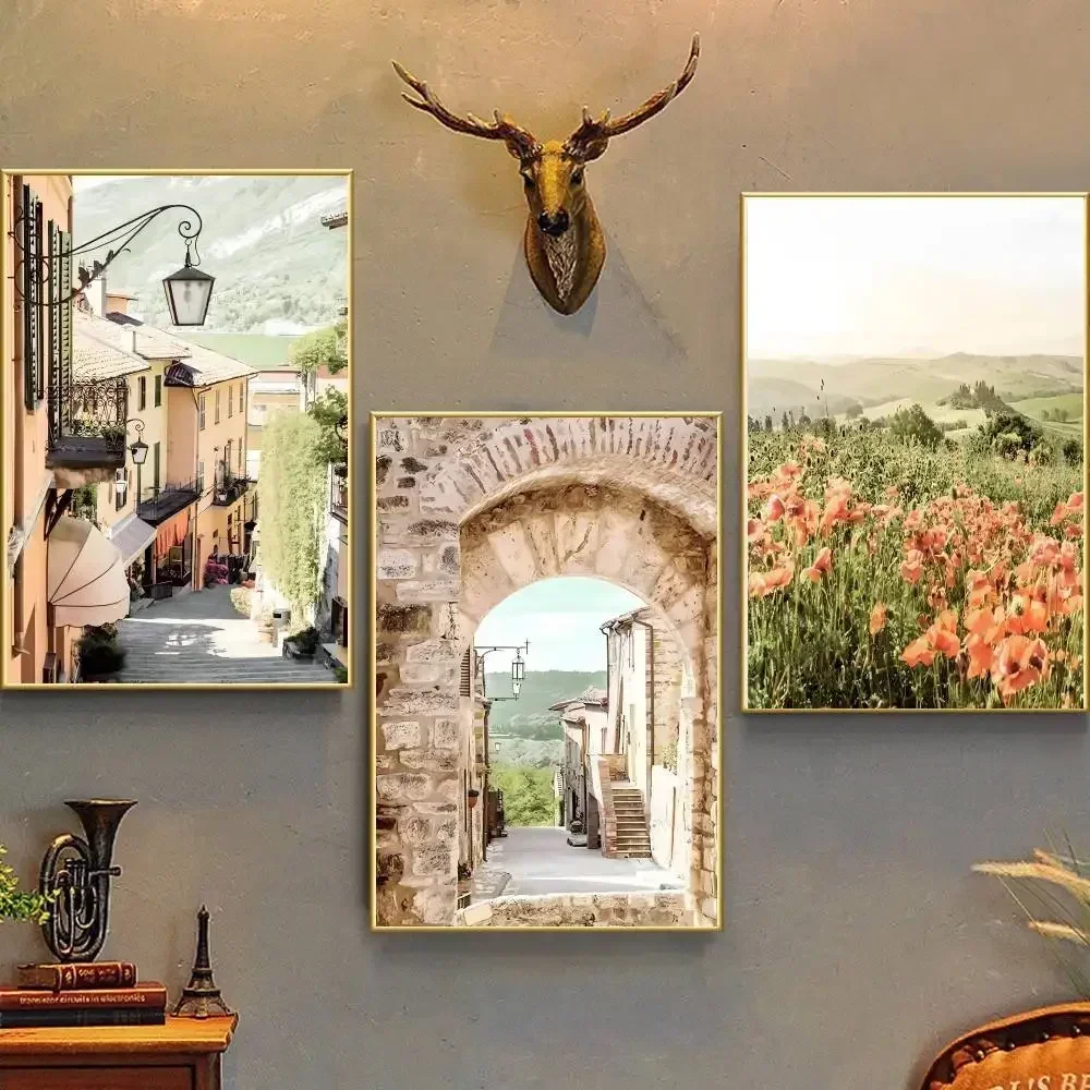 Italy Tuscany Small Town Mediterranean Country Art  Poster Self-adhesive Art Waterproof Paper Sticker House Room
