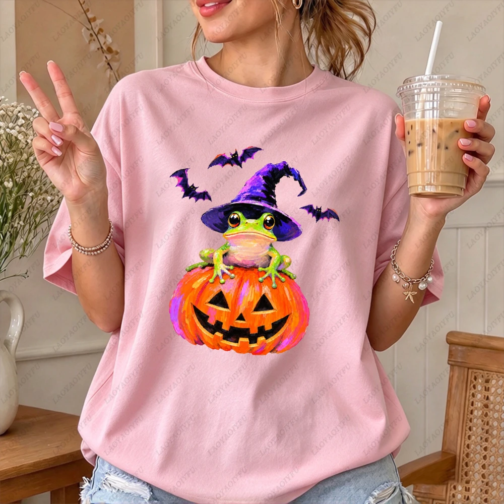 Witch Frog Jack O Lantern Bats Graphic Women Casual Short Sleeve T-Shirt Cute Funny Halloween Pet Animal Spooky Season Shirt