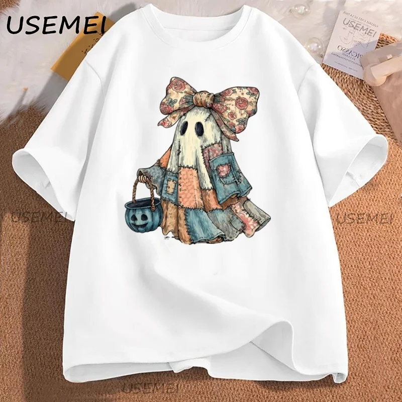 Retro Halloween Blue Denim Ghost Tshirt Trendy Patchwork Spooky Ghost T Shirt Boo Ghost Coquette Fall Pumpkin Spooky Season Tee
