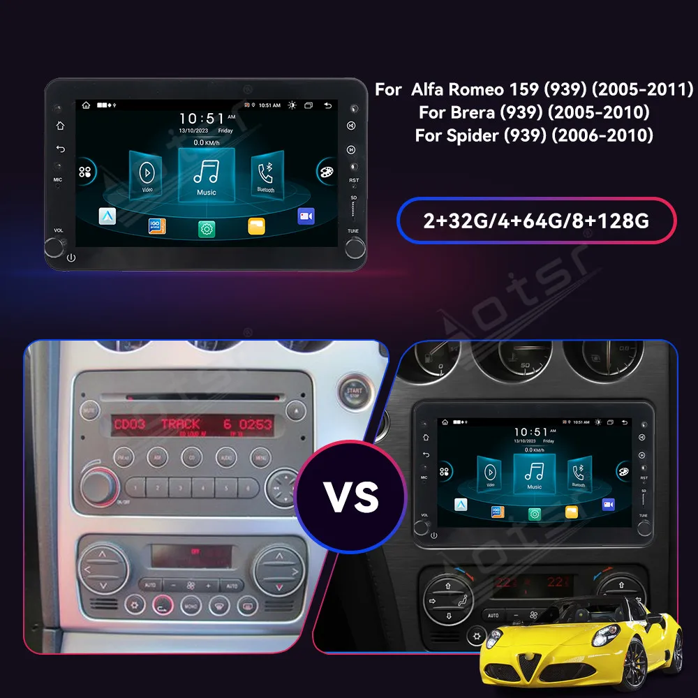 7 ''بوصة الملاحة 8 الأساسية ل ألفا روميو 2005-2011 راديو السيارة مشغل وسائط متعددة أندرويد 13 السيارات لتحديد المواقع نافي اللاسلكية Carplay رئيس