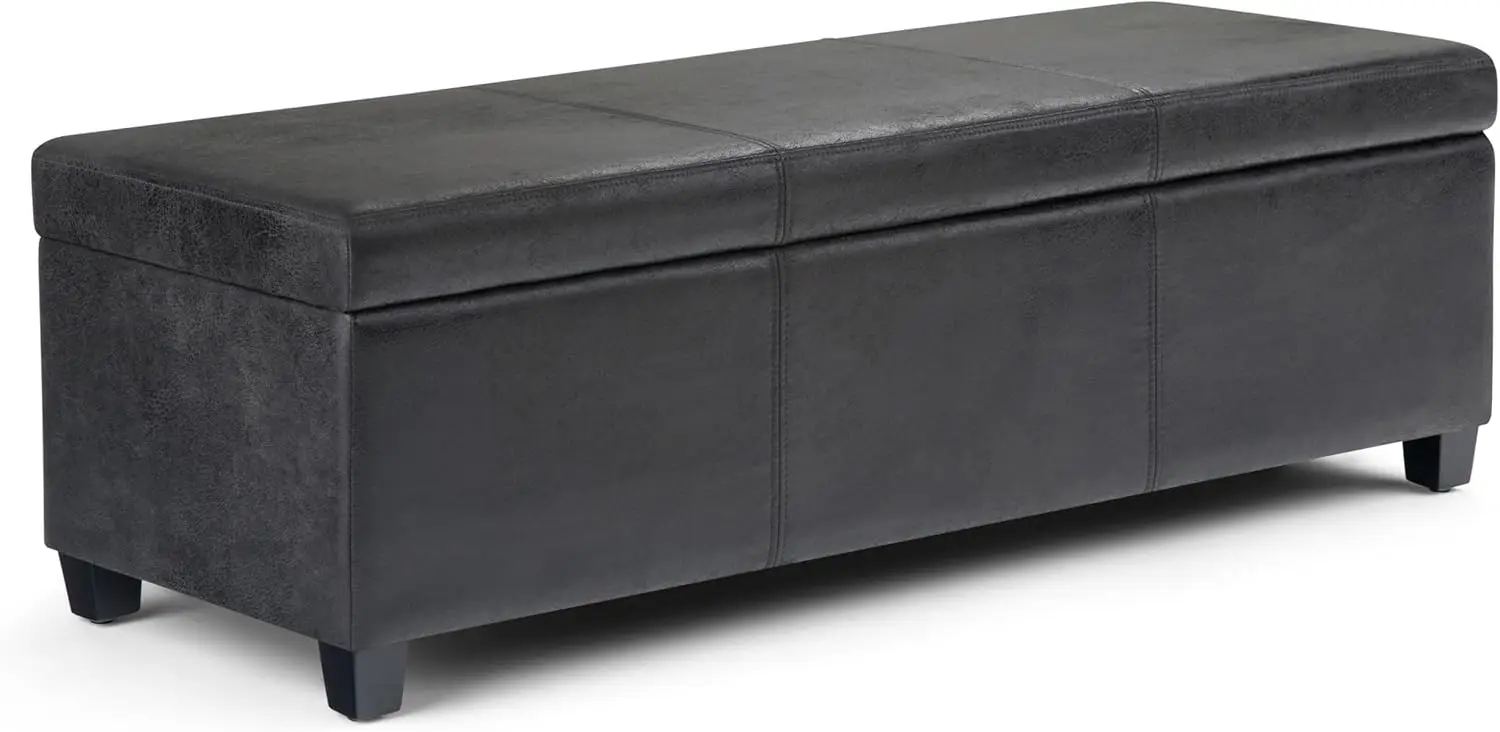 54 Inch Wide Contemporary Rectangle Extra Large Storage Ottoman Bench in Distressed Black Vegan Faux Leather,