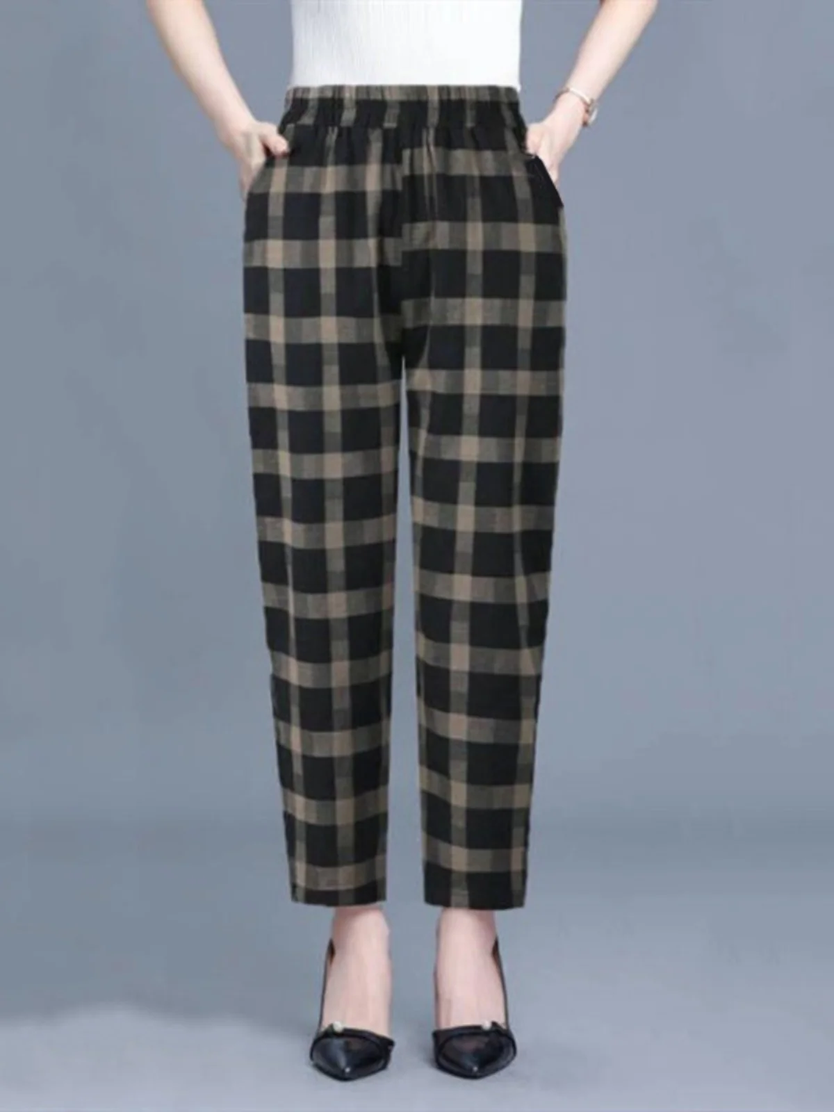 Pantaloni Harajuku scozzesi dimagranti Pantaloni casual estivi in cotone sottile da donna Pantaloni coreani Sle Nove punti l Vita ket