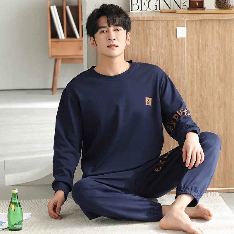 High Quality Pajamas Suit Men Autumn Winter 100% Pure  Cotton Pullover Sleepwear Male Spring Plus Size Loungewear Set Gentlemen