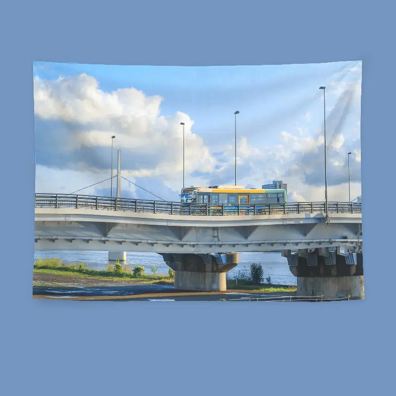 VIKAMA Japanese Bridge Tram Scenery Tapestry Wall Hanging Home Decor for Bedroom Living Room Dorm Blue Sky Clouds Riverside