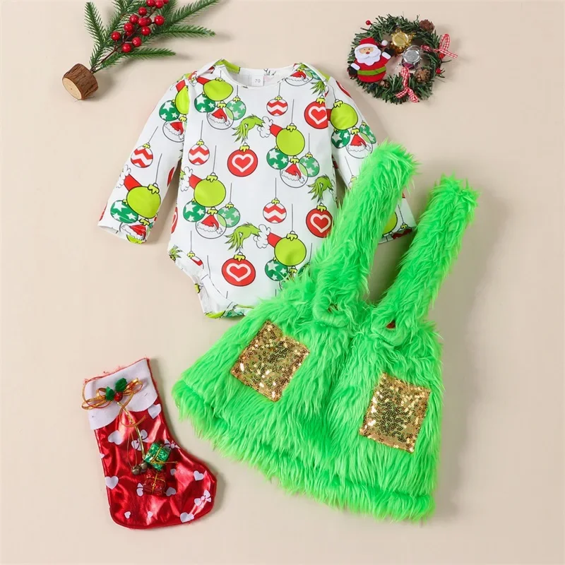 Baby Girls 2 Piece Outfits Christmas Ball Print Long Sleeves Romper and Plush Suspender Green Skirt Fall Spring Clothes