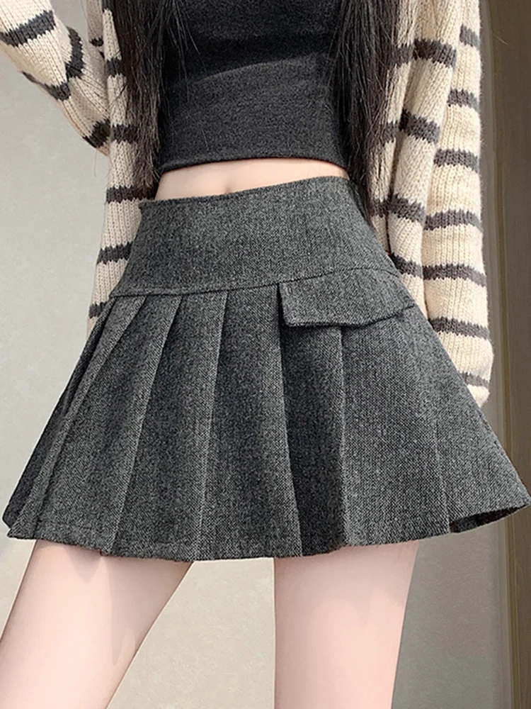 

Шерстяная юбка А-силуэта с высокой талией, плиссированная, стройнящая, универсальная юбка для женщин, для колледжа, осень-зима, новинка...